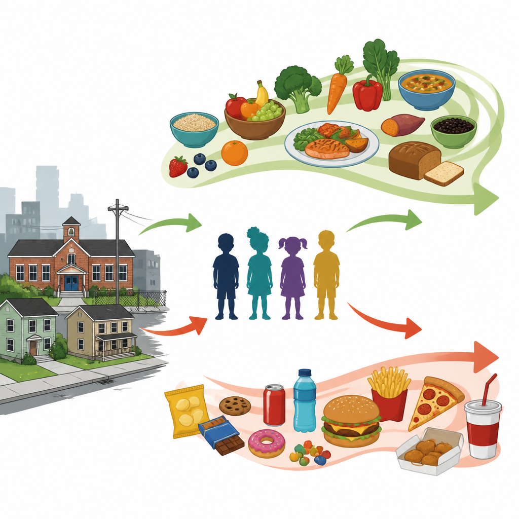 Figure 1. Come il comportamento alimentare di tipo dipendente nei bambini a basso reddito sposta le diete da pasti freschi verso snack e bevande ultra processati.