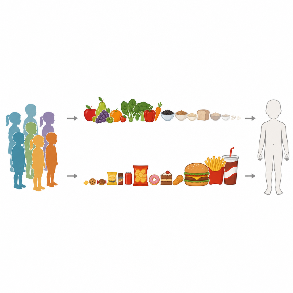 Figure 2. Visione a passaggi di come un comportamento alimentare più marcato di tipo dipendente nei bambini aumenta le scelte di cibi ultra processati mentre gli alimenti più salutari diminuiscono.