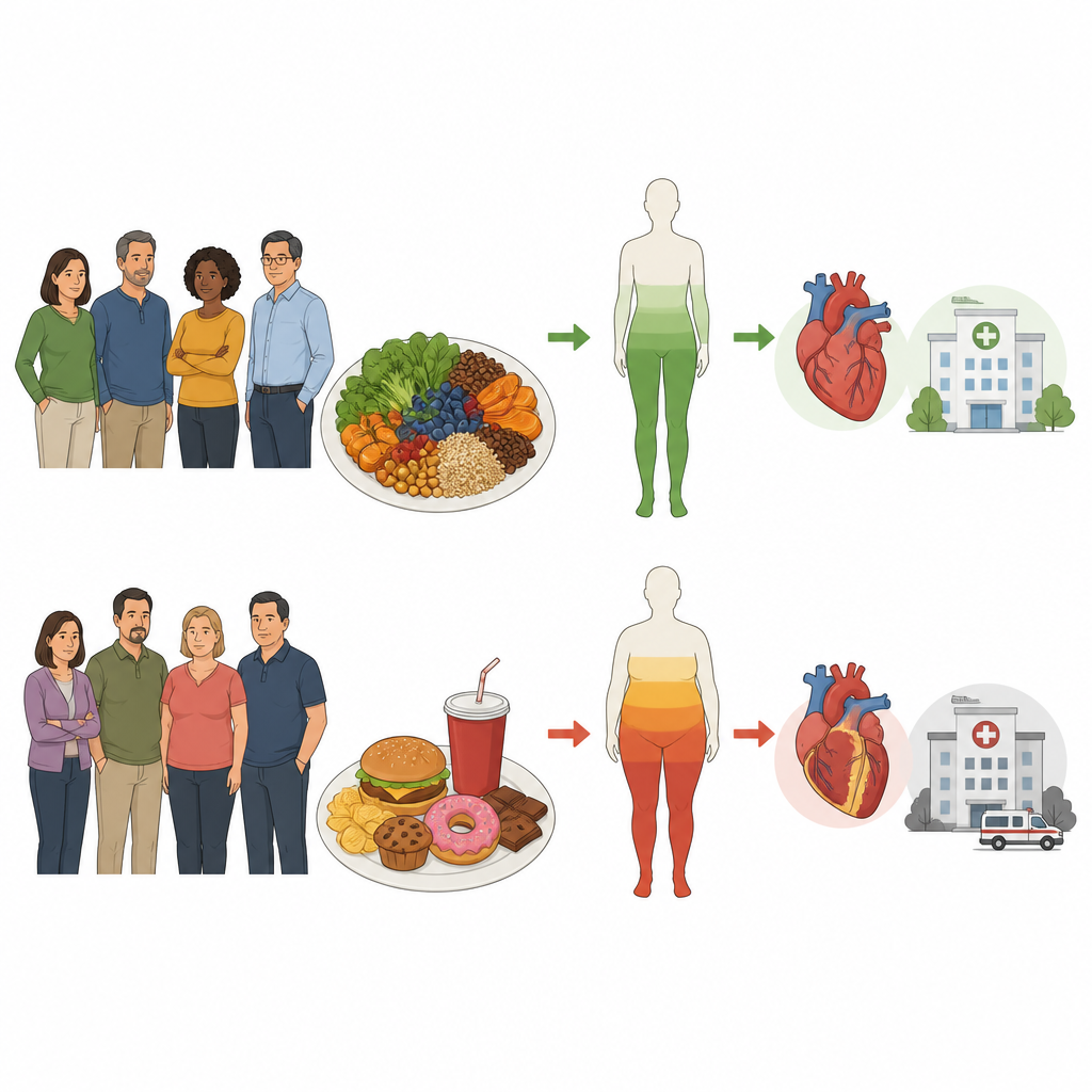 Figure 1. Come diversi modelli alimentari a base vegetale, il grasso corporeo e la salute cardiaca sono collegati negli adulti di mezza età.