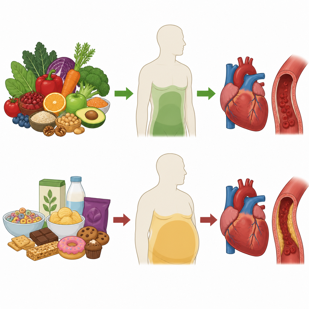 Figure 2. Come alimenti vegetali più salutari possono ridurre il grasso corporeo rispetto agli alimenti vegetali processati, influenzando lo stress su cuore e arterie.