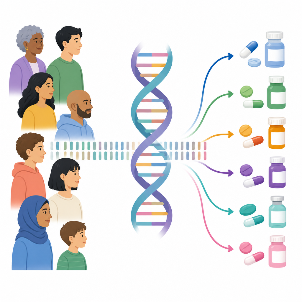 Figure 1. استخدام بيانات الجينوم الكامل لمطابقة الأدوية الشائعة مع حمض كل شخص النووي من أجل علاج أكثر أمانًا وفعالية.