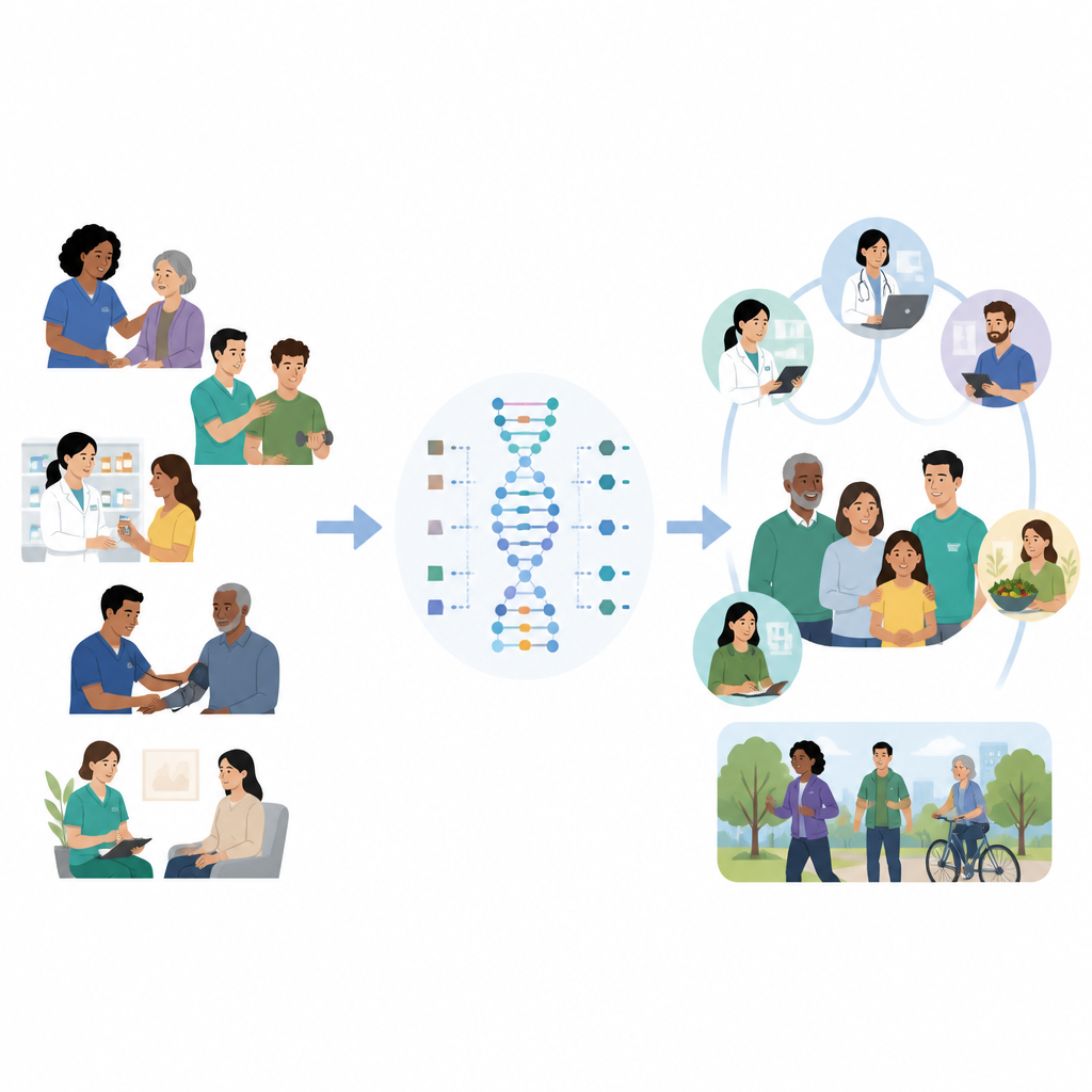 Figure 1. Come i team sanitari quotidiani collegano le informazioni genetiche per supportare meglio i pazienti lungo il percorso di cura.