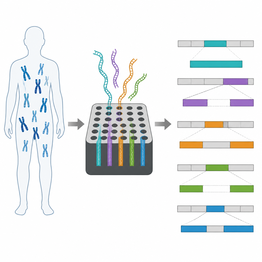 Figure 1. Come il sequenziamento selettivo a letture lunghe si concentra sui punti problematici nel DNA di un paziente per chiarire grandi cambiamenti genetici.