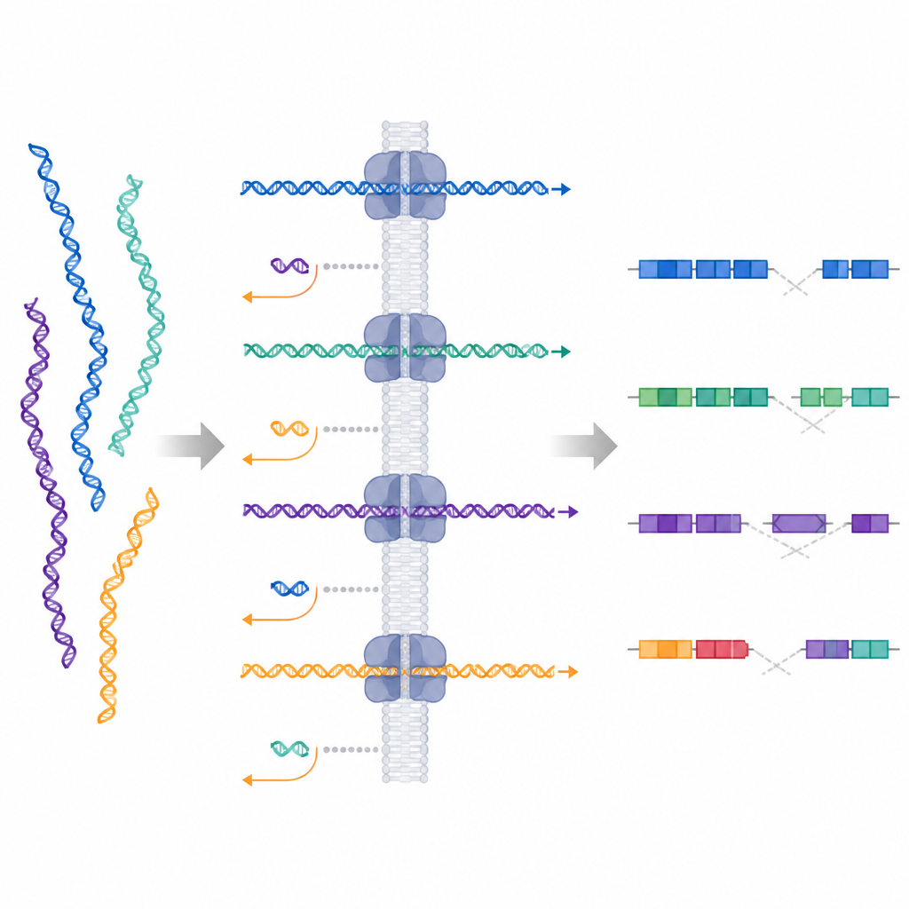 Figure 2. Come un dispositivo a nanopore mantiene i frammenti di DNA utili ed espelle gli altri per rivelare rotture e perdite nascoste nel genoma.