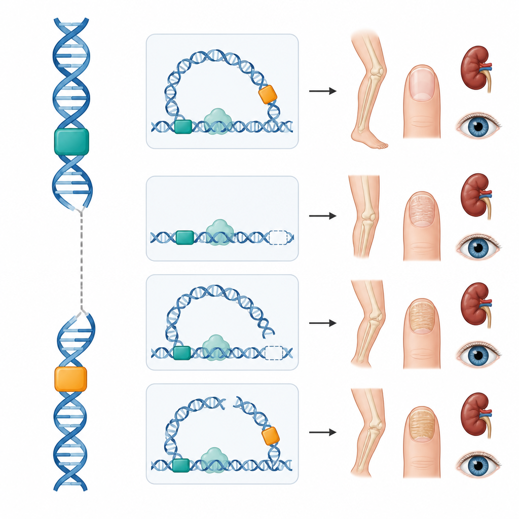 Figure 2. Jak zmiany w odległych przełącznikach DNA zmieniają kontrolę genu, powodując problemy kończynowe przy oszczędzeniu nerek i oczu.