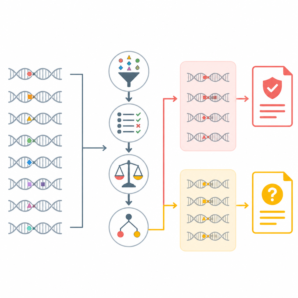 Figure 2. Filtraggio progressivo delle variazioni del DNA per separare le varianti chiaramente dannose da quelle incerte.