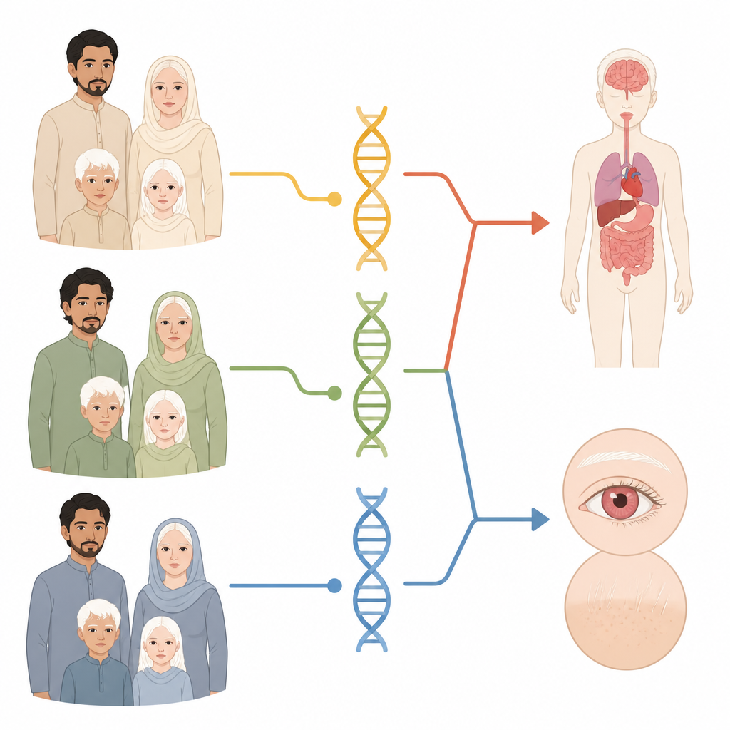 Figure 1. How gene variants in Pakistani families lead to different forms of albinism and health outcomes.
