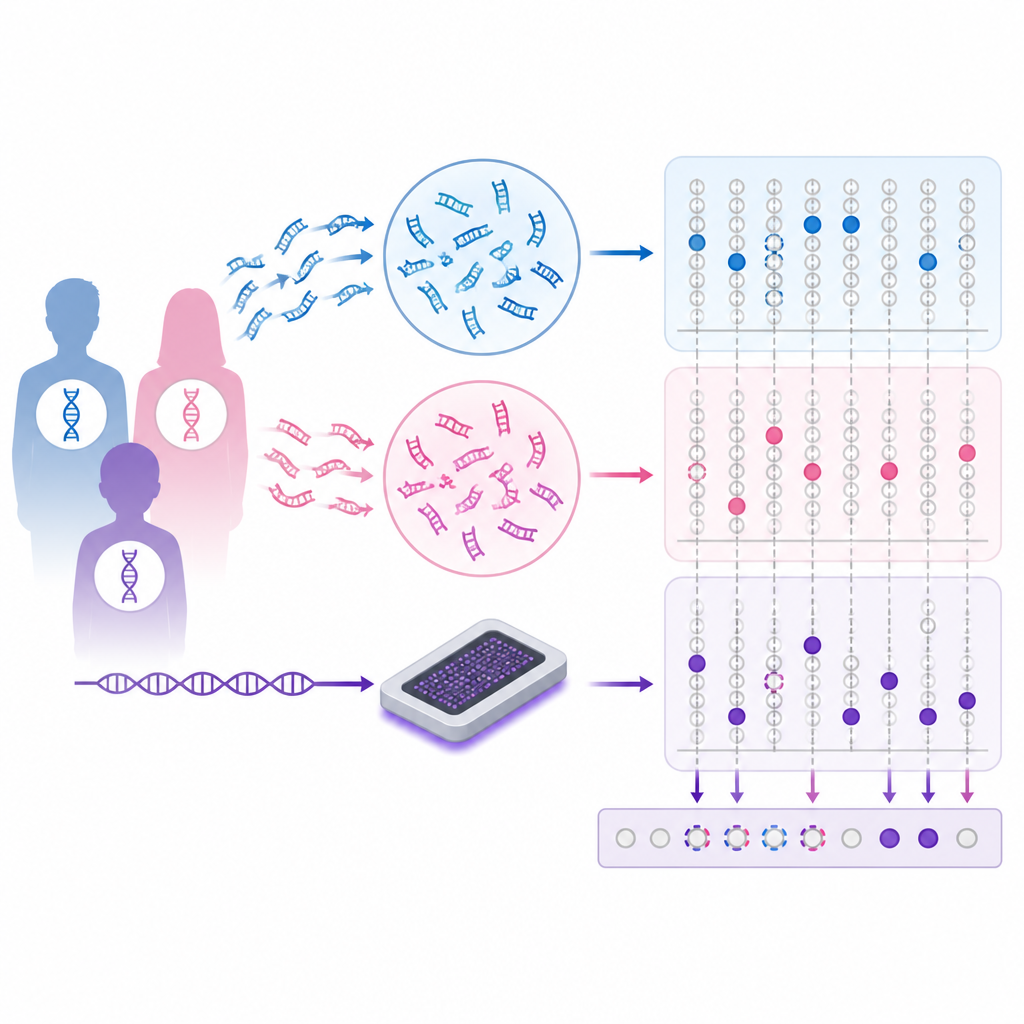 Figure 2. O DNA parental agrupado com o exoma da criança revela quais variantes raras são novas na criança e provavelmente causadoras do transtorno.