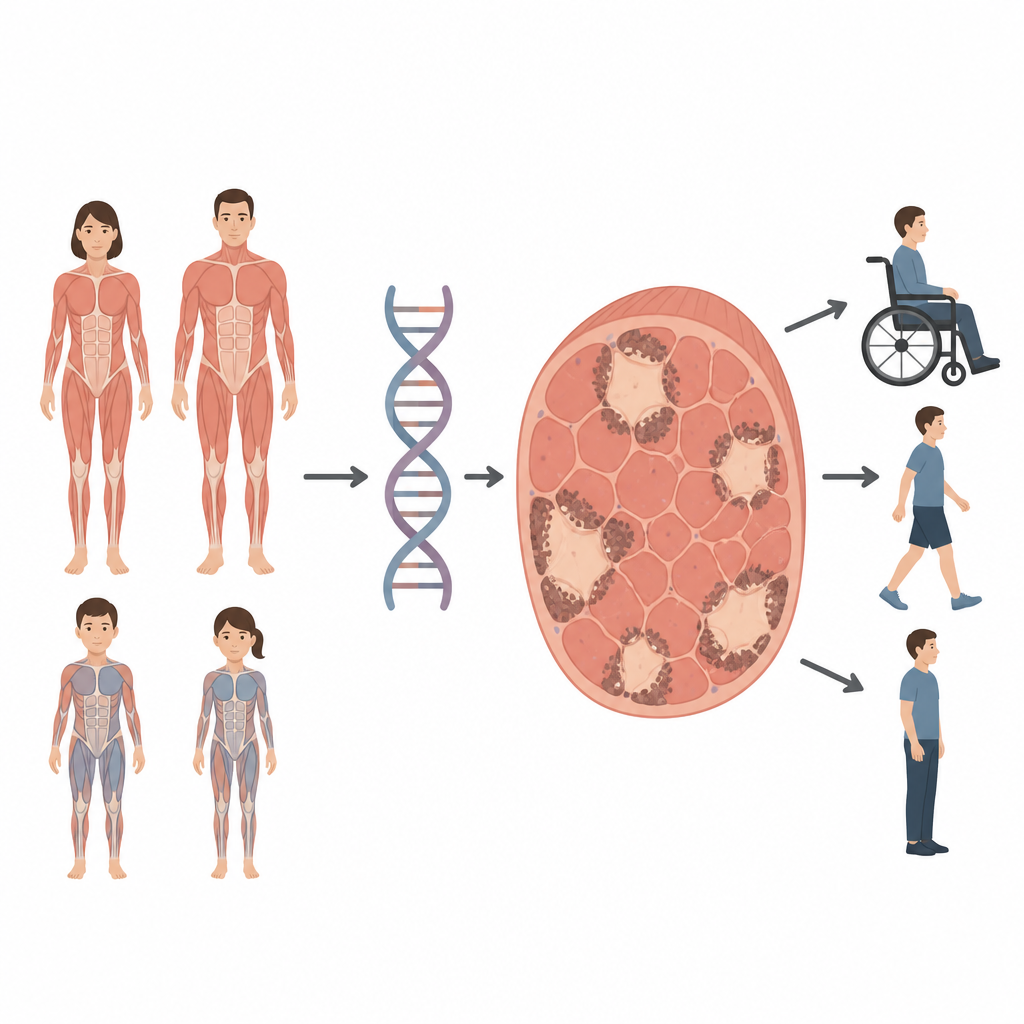 Figure 1. Come rare alterazioni genetiche rimodellano le fibre muscolari e provocano diversi livelli di debolezza in bambini e adulti.