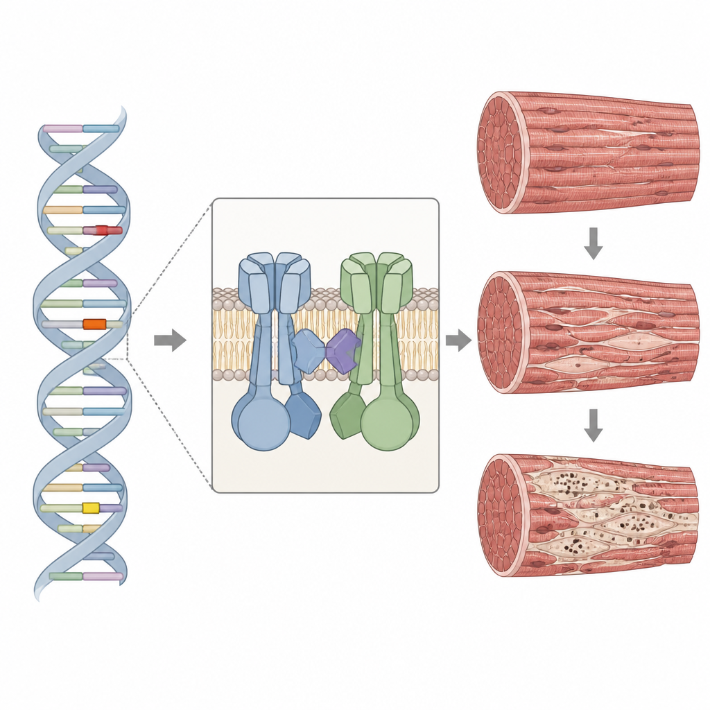 Figure 2. Come piccole modifiche in un canale del calcio muscolare portano, passo dopo passo, a regioni polverose danneggiate all’interno delle fibre muscolari.