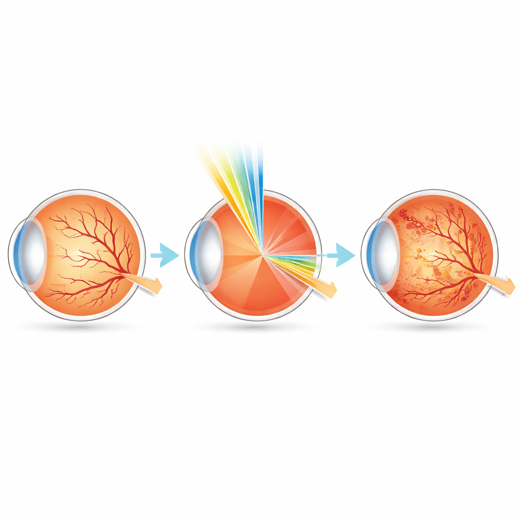 Figure 2. Cómo los haces de radioterapia pueden alterar pequeños vasos sanguíneos y el cristalino con el tiempo, provocando complicaciones específicas del tratamiento.