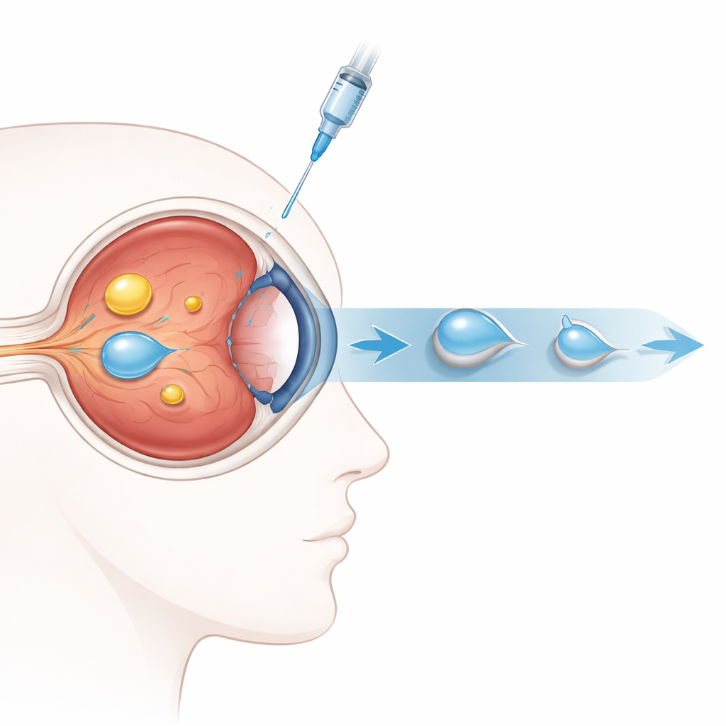 Figure 1. Daha yüksek doz bir göze verilen enjeksiyonun makula hastalığında zararlı retinal sıvıyı hızla nasıl kuruttuğu ve merkezi görmeye nasıl destek verdiği.