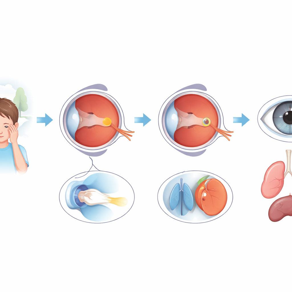 Figure 2. Bir çocuğun bulanık görmeden göz görüntülemeye, hedefe yönelik tedaviye ve kanser yayılımının izlenmesine kadar giden yol.