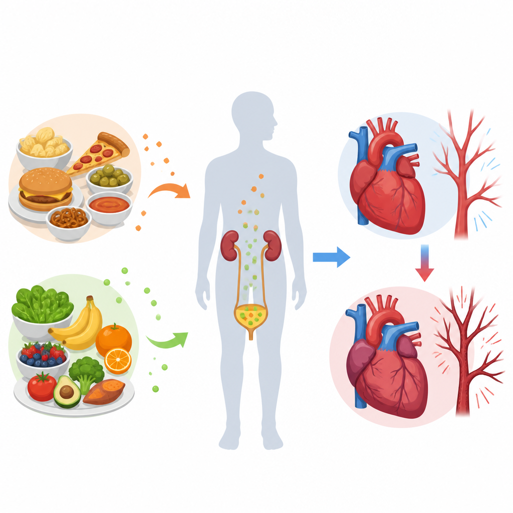 Figure 1. Como o equilíbrio entre sal e potássio no dia a dia pode moldar a pressão arterial a longo prazo em adultos saudáveis