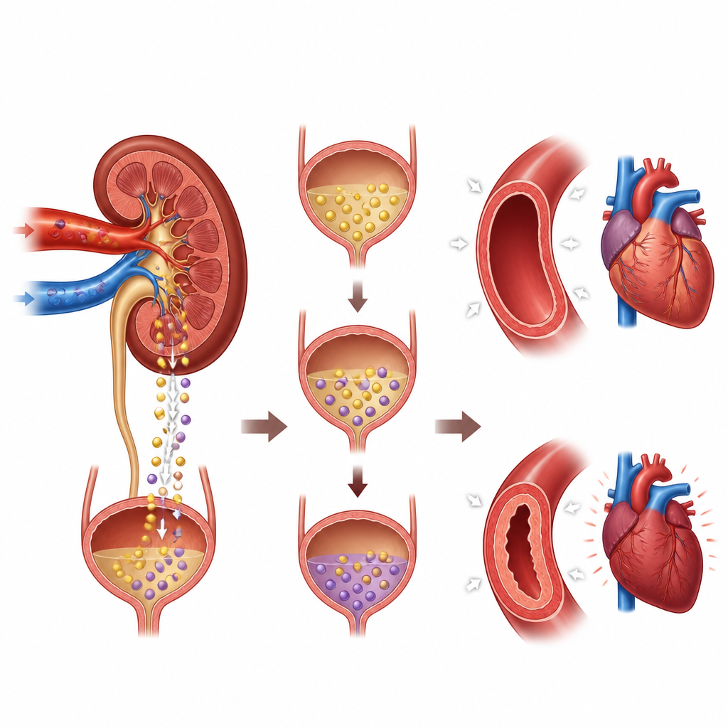 Figure 2. Como o manejo renal de sal e potássio ao longo do tempo leva ao enrijecimento dos vasos e ao aumento da pressão arterial