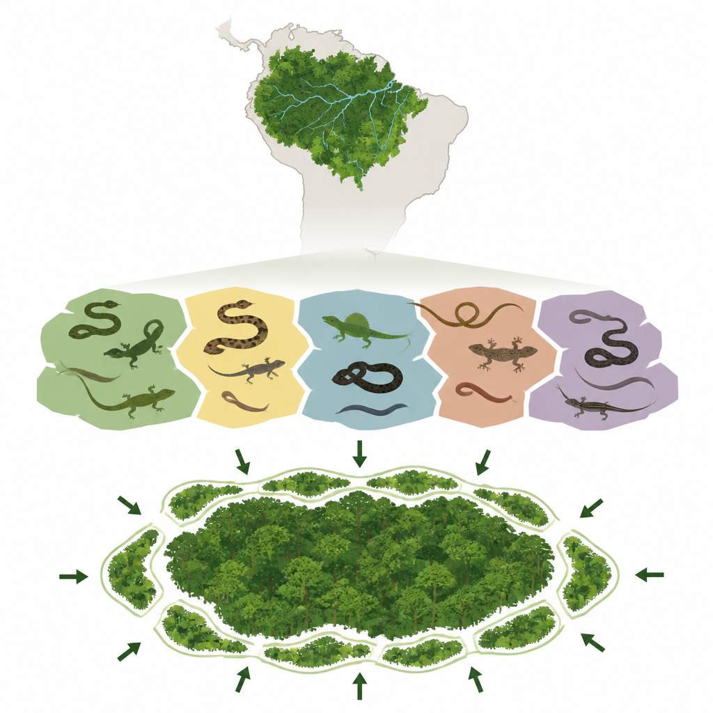Figure 1. Hoe de diversiteit van reptielen in de Amazone over het woud verspreid is en waarom grensregio's cruciaal zijn voor hun bescherming.