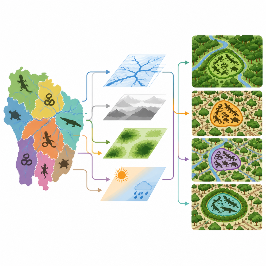 Figure 2. Hoe landvormen, klimaat, rivieren en bossen samen reptielenhotspots en ontbossingsrisico’s in de Amazone bepalen.