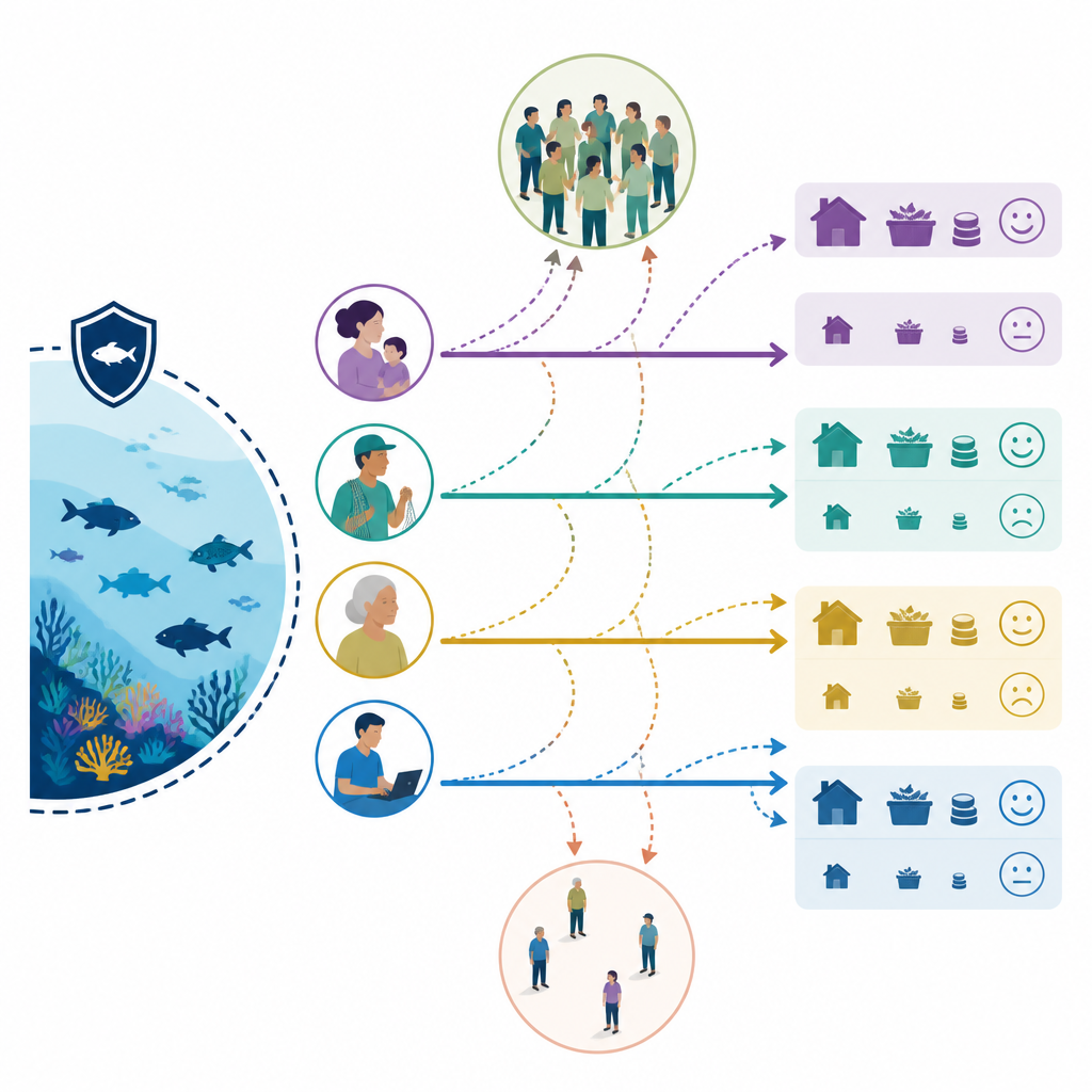 Figure 2. Come differenti famiglie sperimentano la protezione marina e come la partecipazione comunitaria attenua gli effetti negativi.