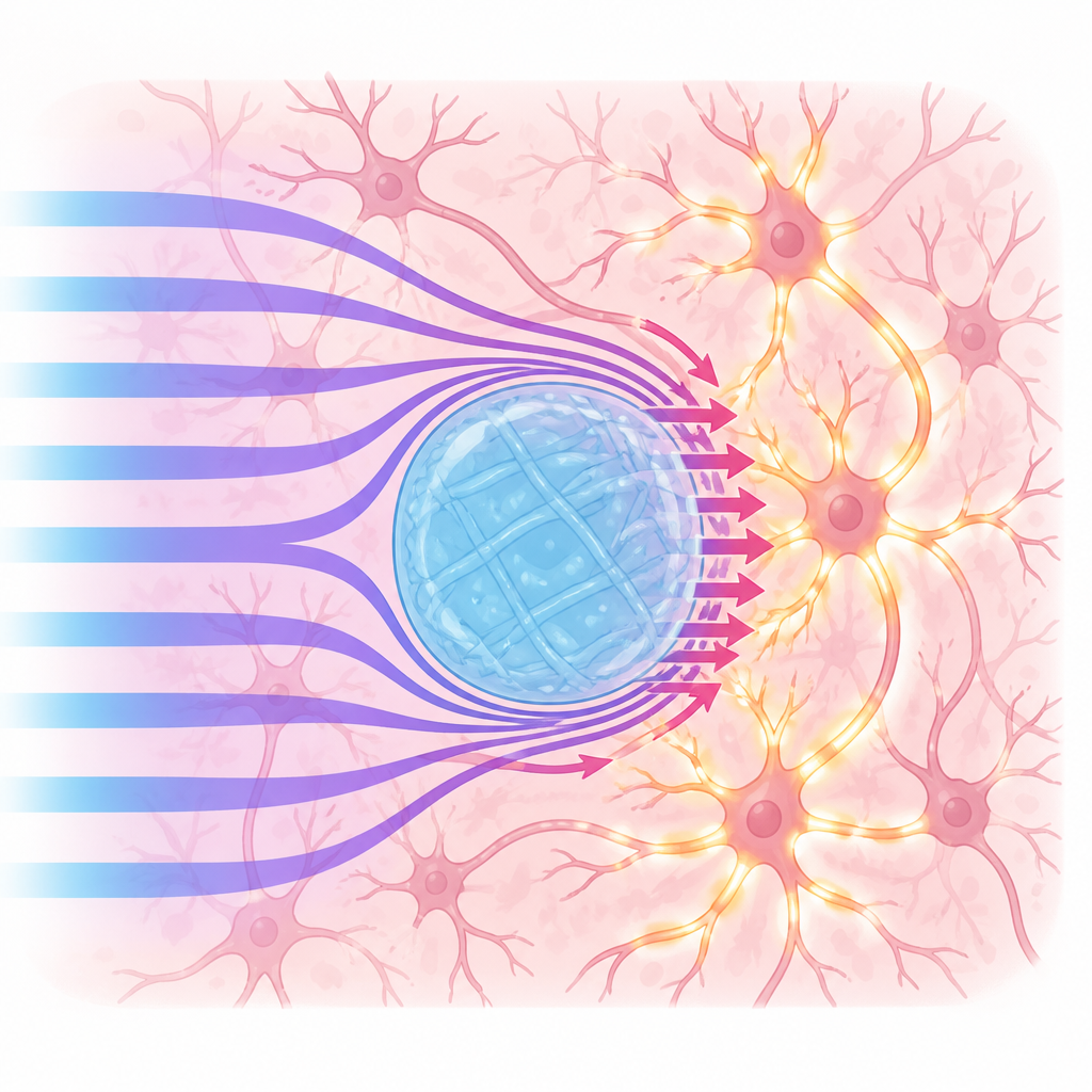 Figure 2. Enjekte edilen jel çevresindeki odaklanmış alanlar yakındaki nöronları tetikler ve Parkinson’lı sıçan beyinlerinde motor devreleri yeniden işler hale getirir.