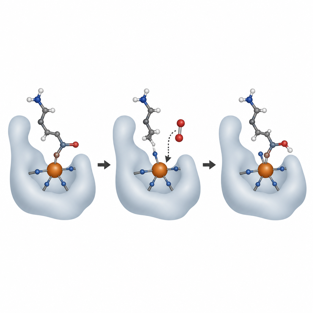 Figure 2. Bir demir merkezinin bir protein bölgesine oksijen eklenmesine nasıl yardımcı olduğunun adım adım görünümü