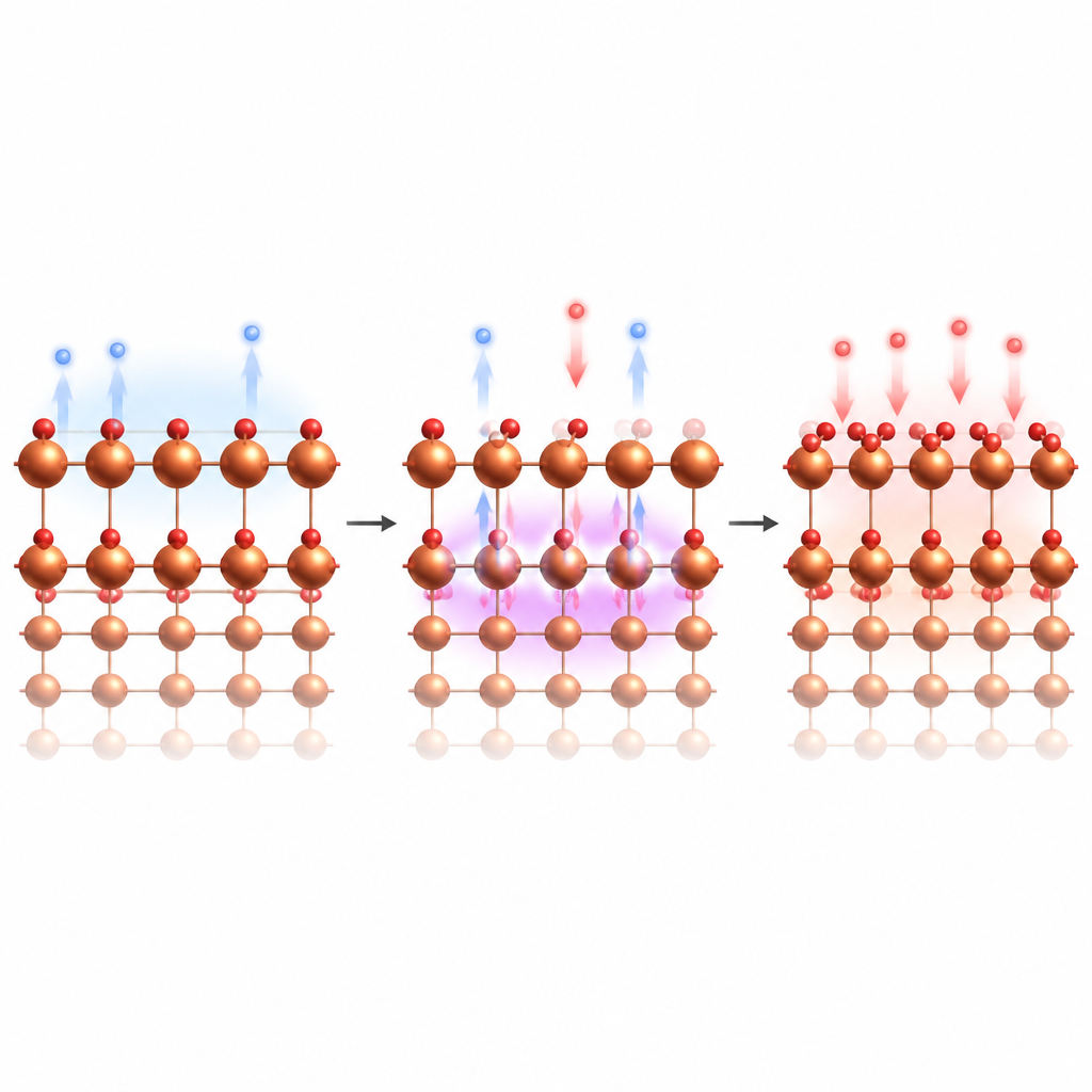 Figure 2. מטענים ויוני חמצן נעים בין השכבות העליונות של הגביש, ומשנים את המגנטיות והאי־איזון החשמלי של המשטח כתלות בטמפרטורה.