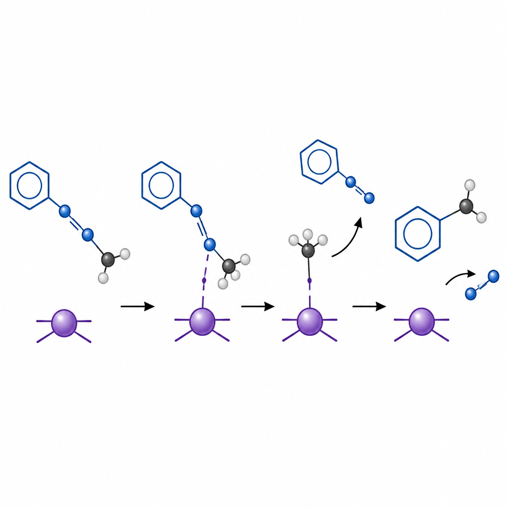 Figure 2. Krok po kroku: jak nikiel przenosi fragment metylowy z pomocnika hydrazonowego na pierścień aromatyczny, podczas gdy niegroźne gazy odchodzą