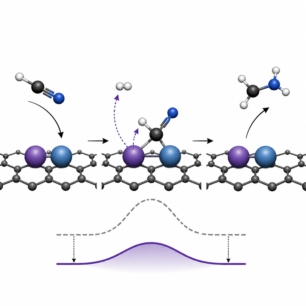 Figure 2. Cómo los átomos vecinos de rodio y cobalto comparten tareas para reducir la barrera de la hydrogenación de nitrilos.