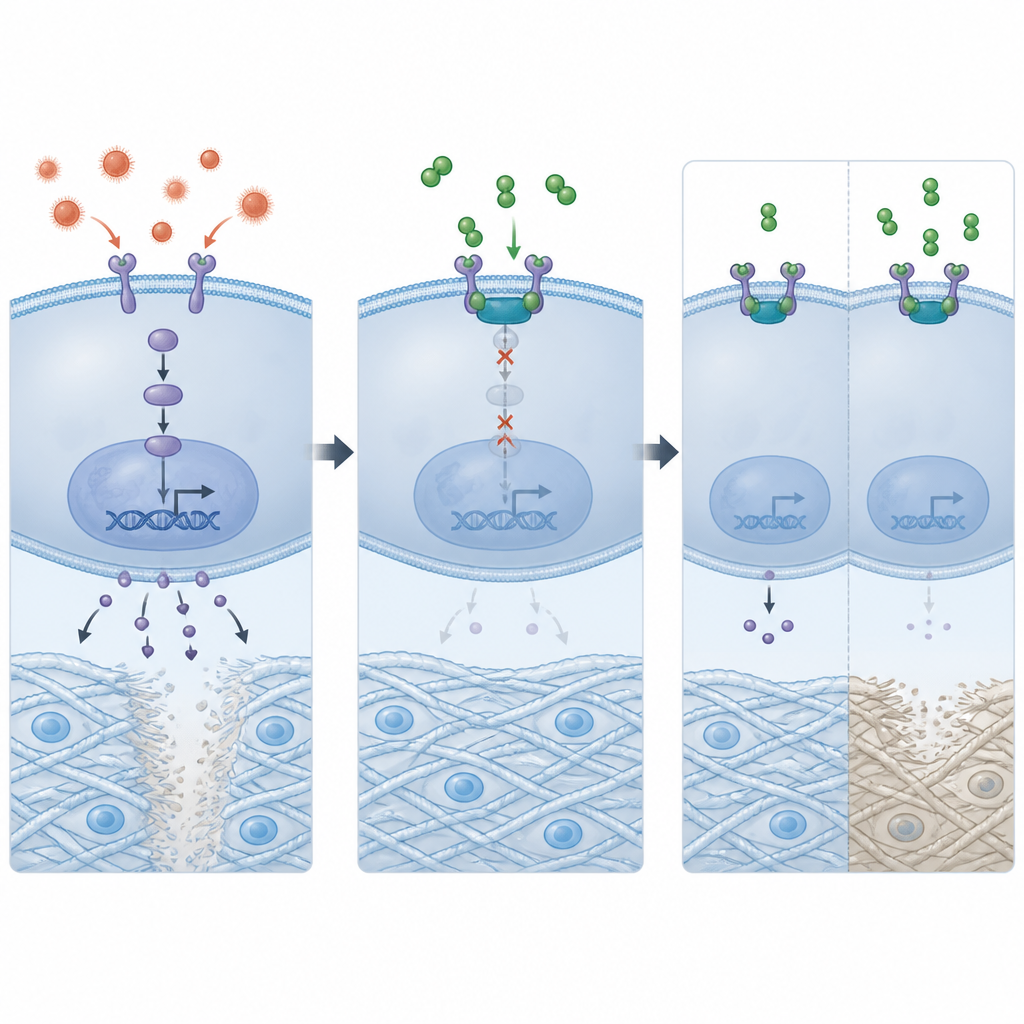 Figure 2. Protective molecules block an inflammatory signal inside cartilage cells, reducing enzymes that erode joint cushioning.