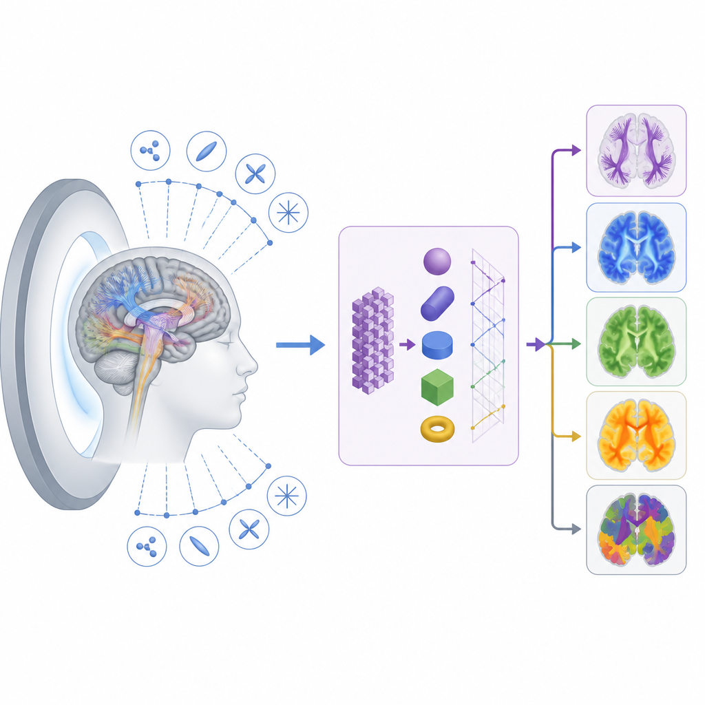 Figure 1. Hoe diffusie-MRI en symmetrie-gebaseerde invarianten ruwe waterbeweging omzetten in heldere kaarten van hersenmicrostructuur en ziekte.