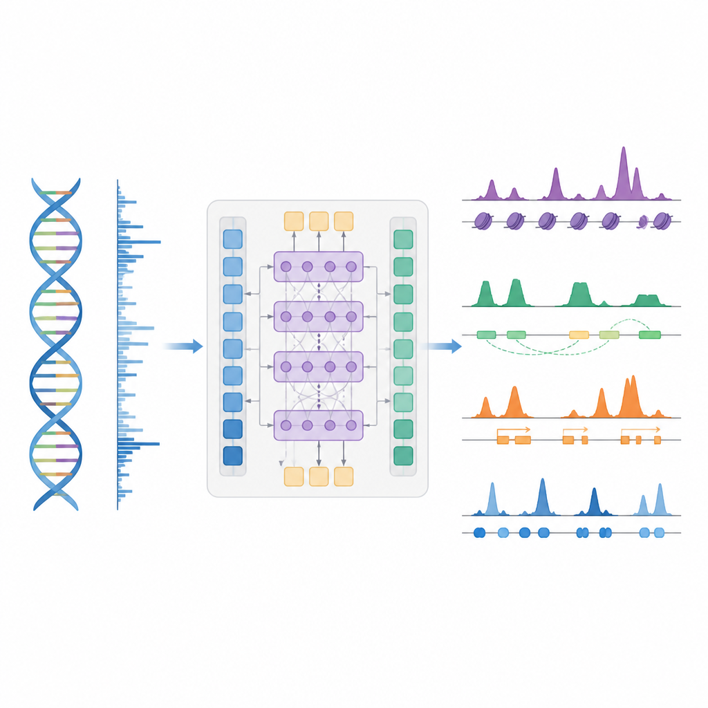 Figure 1. Tek bir yapay zeka modeli, DNA ve tek bir aktivite ölçümüyle genoma yayılmış birçok türde gen kontrol haritası üretir.