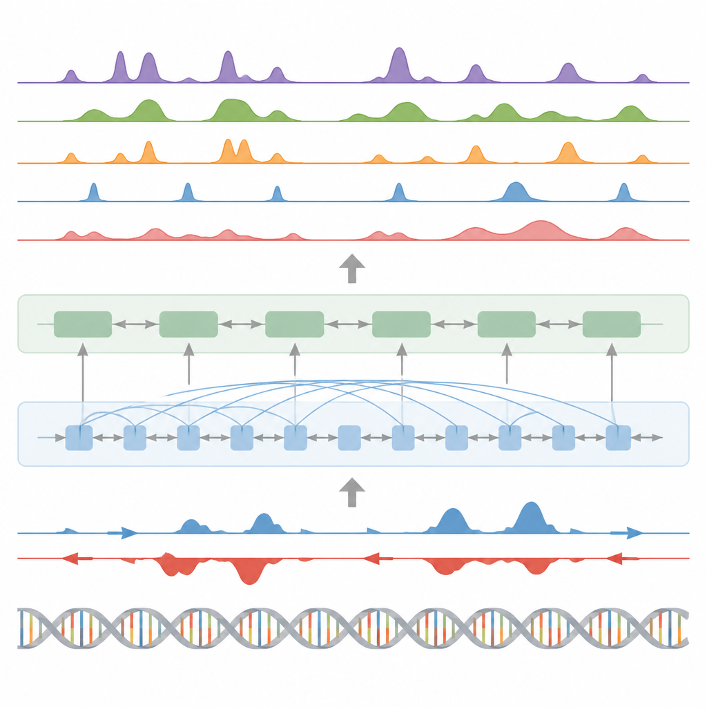 Figure 2. Katmanlı yapay zeka adımları, DNA ve transkripsiyon sinyallerini birleştirip farklı düzenleyici işaretlerin ve bölgelerin nerede ortaya çıkacağını tahmin eder.