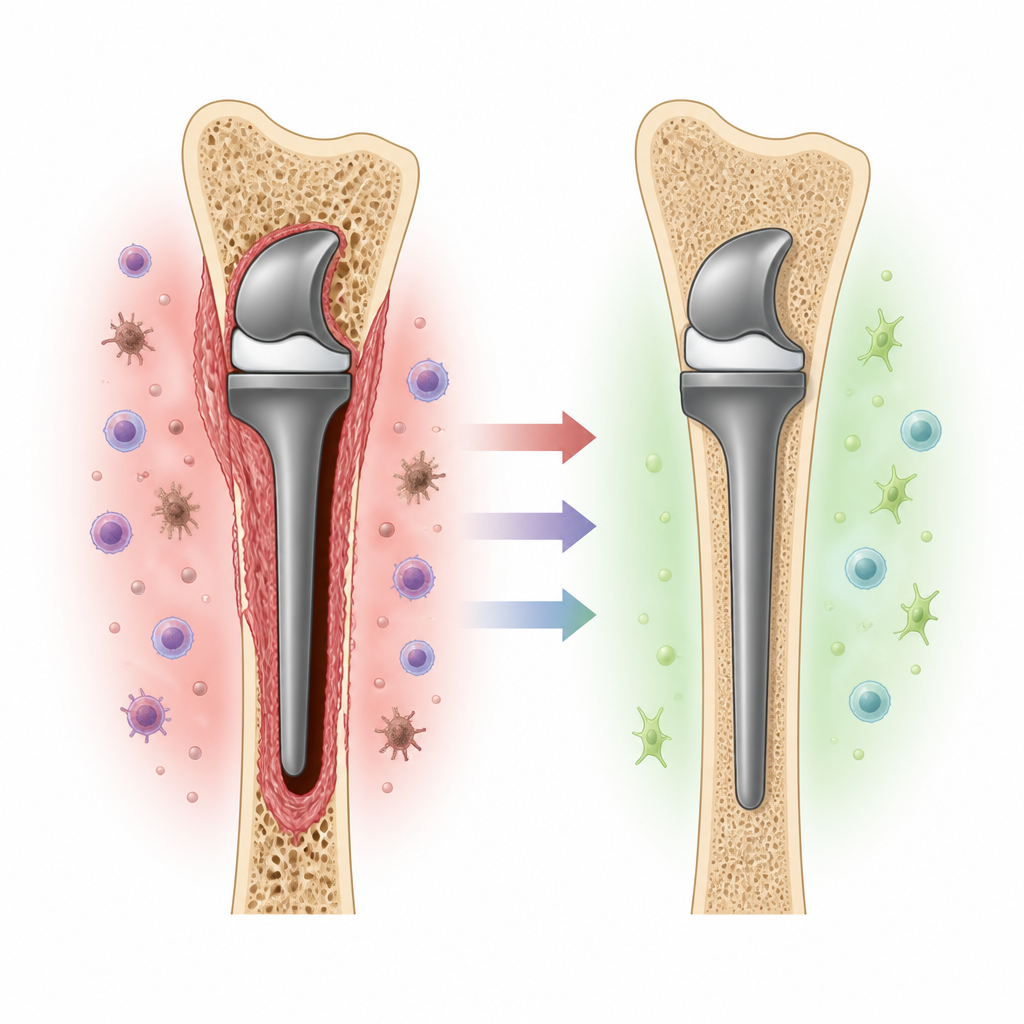 Figure 1. Comment le blocage d’une seule protéine peut aider l’os à enserrer un implant articulaire au lieu de former une couche cicatricielle lâche