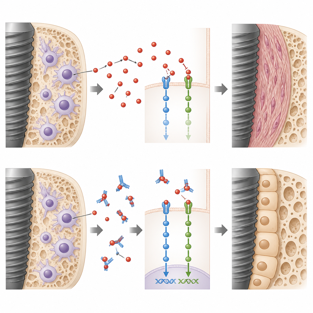 Figure 2. Comment neutraliser un signal délétère dans les cellules osseuses redirige la réparation depuis un tissu cicatriciel mou vers de l’os solide autour d’un implant