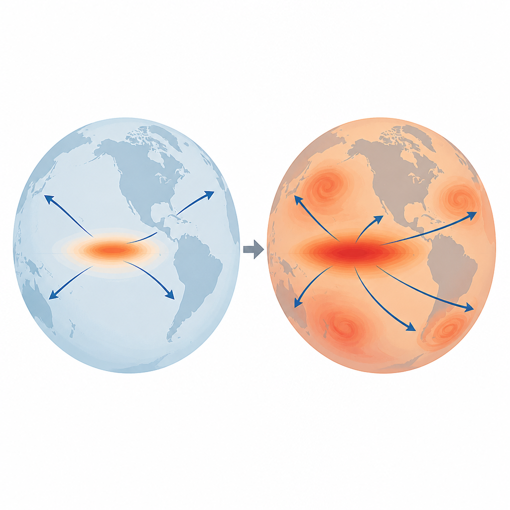 Figure 1. Как более тёплый мир позволяет Эль-Ниньо сильнее изменять температуру поверхности океана во всех океанах.
