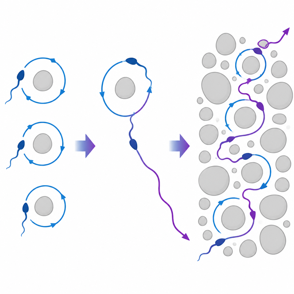 Figure 2. كيف تمكّن التناوب بين دوائر ضيقة وركض مستقيم الحيوانات المنوية من النسيج عبر بيئات سائلة مزدحمة تشبه المتاهات.