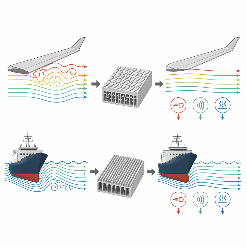 Figure 1. Yüzeylerdeki yapılandırılmış malzemelerin, araçlar ve aygıtların etrafındaki hava ve su akışını yeniden şekillendirerek sürüklemeyi, gürültüyü ve titreşimi nasıl azalttığı.