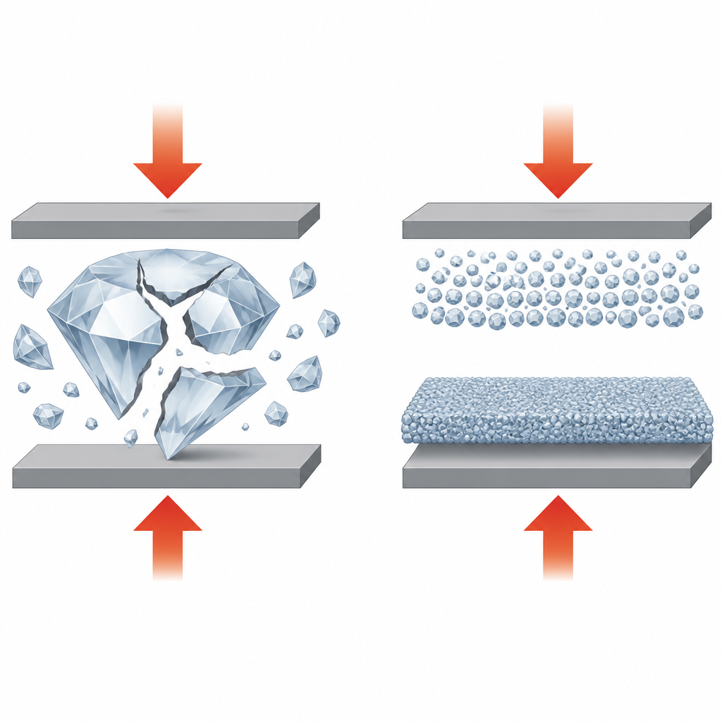 Figure 1. Confrontare un grande diamante crepato con la schiacciatura regolare di piccoli nanodiamanti sotto compressione.