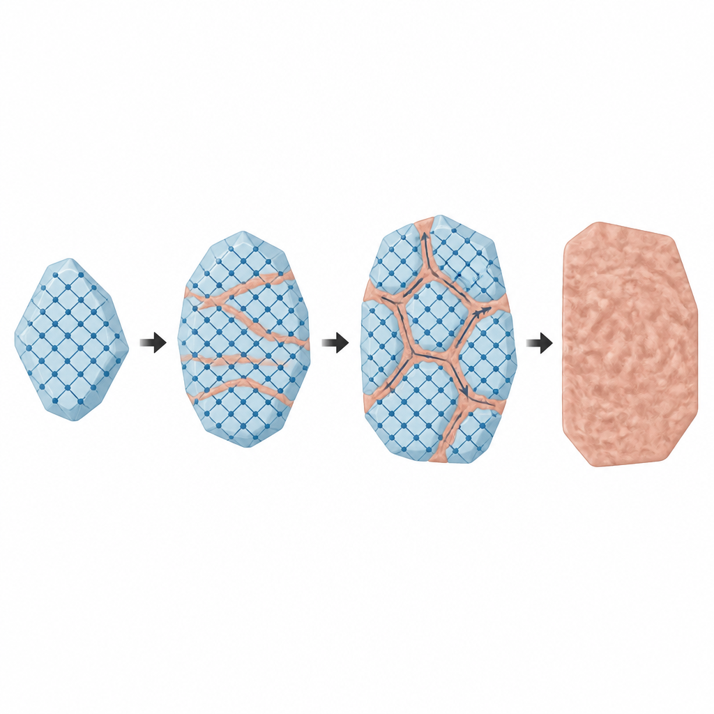 Figure 2. Mostrare il nanodiamante che passa da cristallo ordinato a una rete morbida e poi a una massa amorfa liscia sotto pressione.