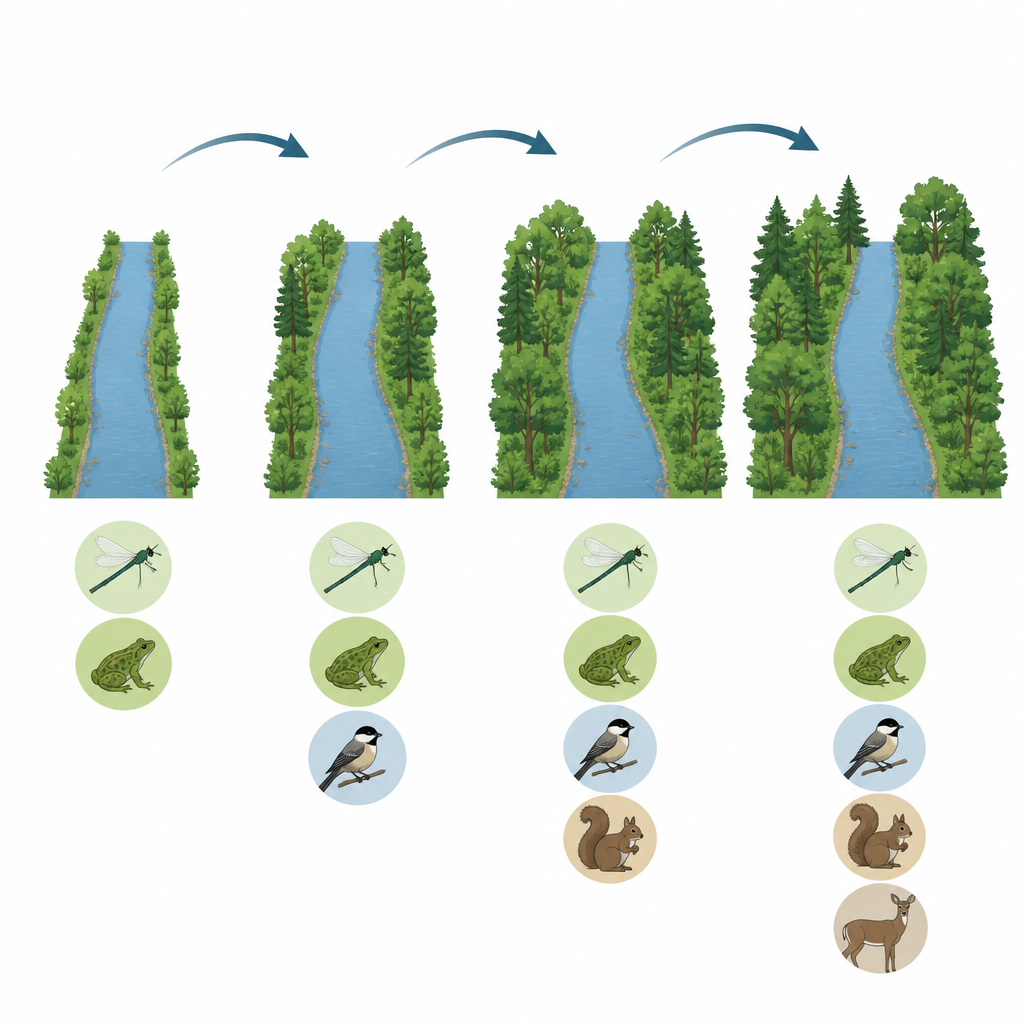Figure 2. По мере расширения лесных полос вдоль рек увеличивается число видов насекомых, амфибий, птиц и млекопитающих, которые там могут обитать.