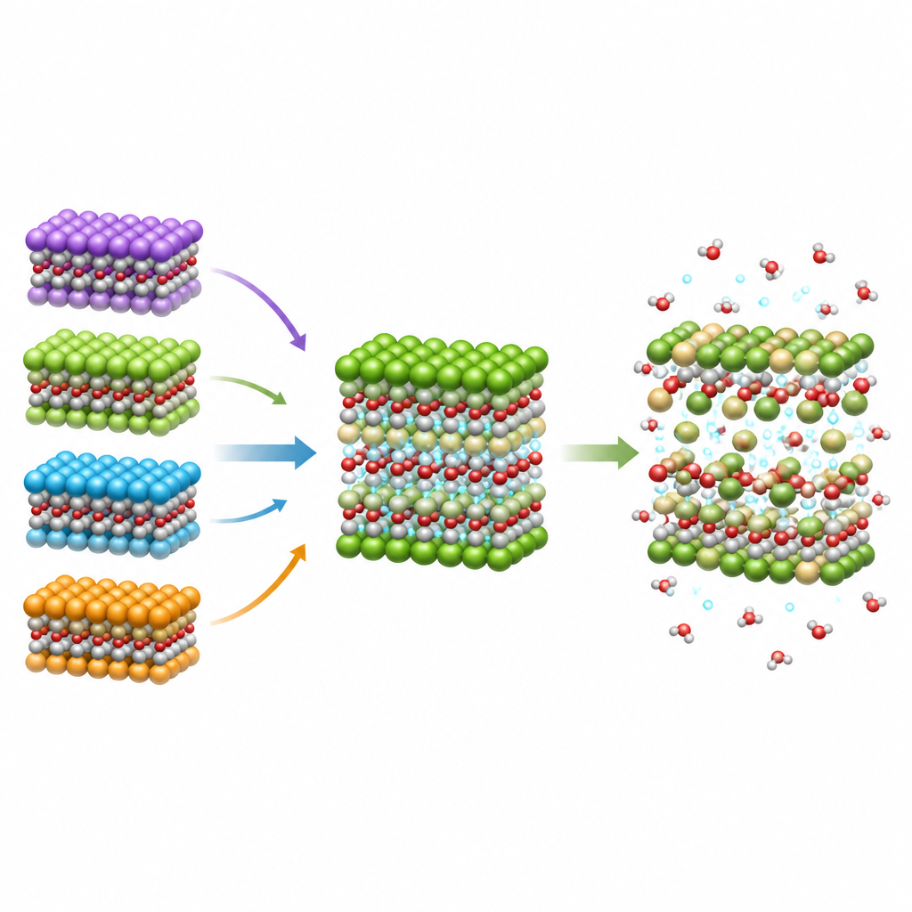 Figure 2. Comment des couches de terres rares spécifiques et des déplacements structuraux permettent à l’eau de remplir les réseaux d’oxyde de cobalt avec des protons plus mobiles.