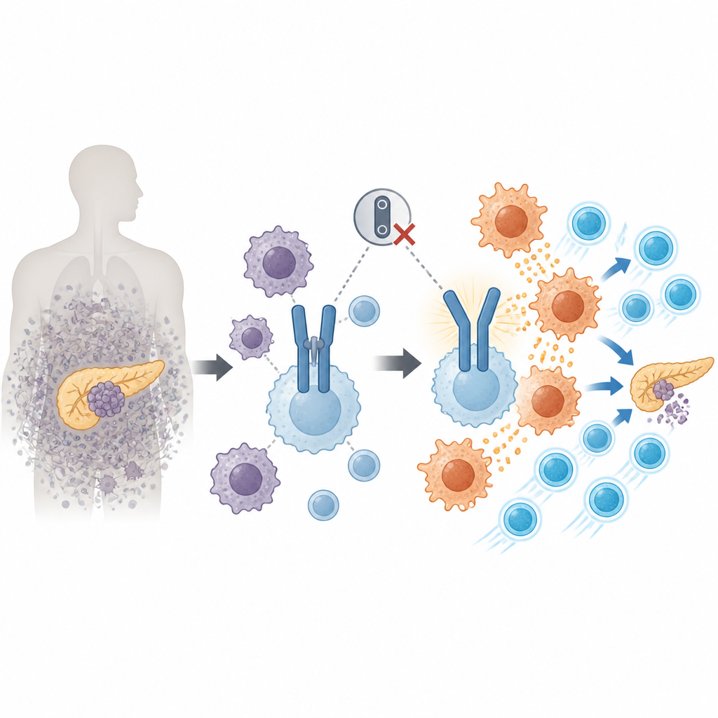 Figure 1. Blocking an immune switch on tumor helper cells lets killer T cells attack pancreatic cancer more effectively.