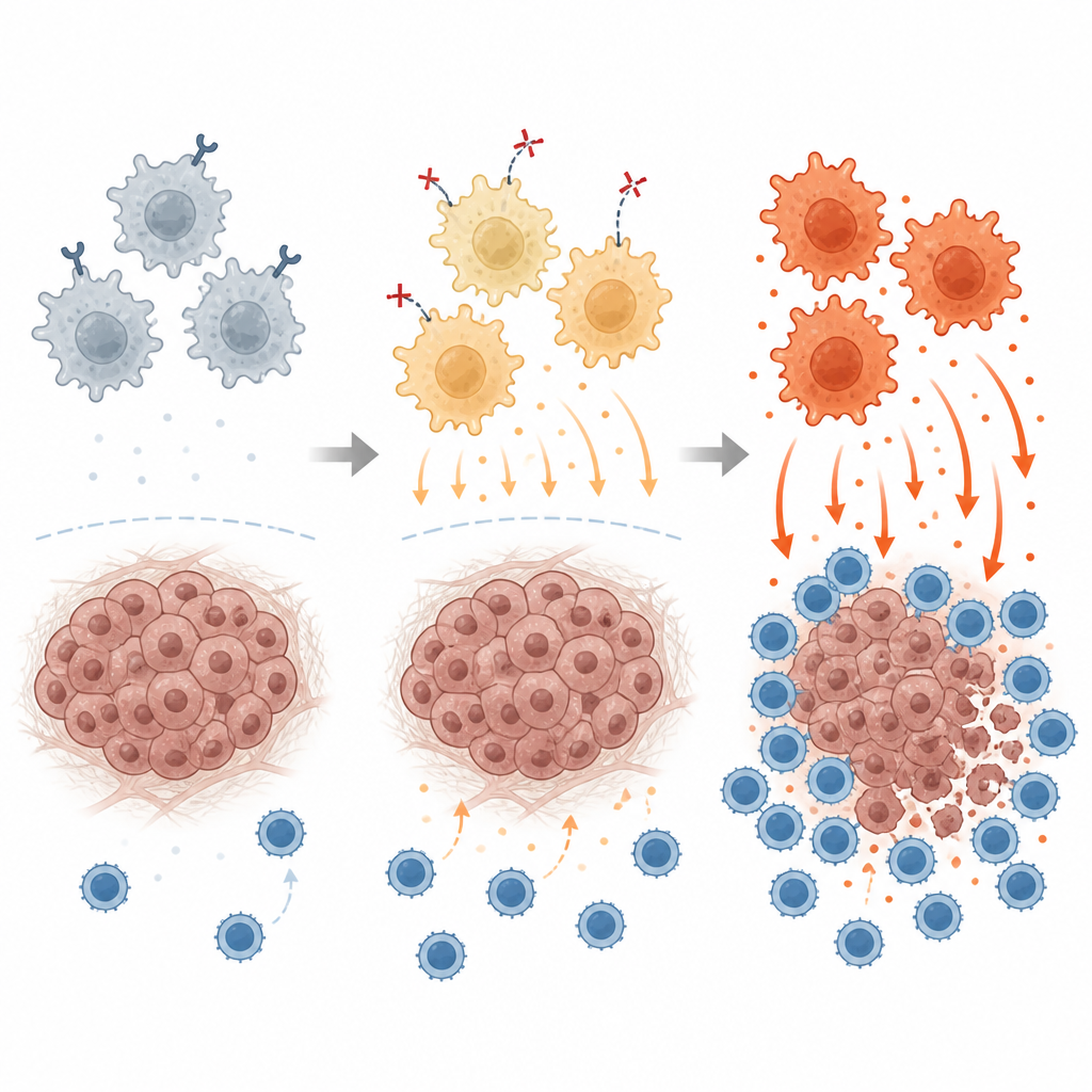 Figure 2. Rewiring tumor macrophages from calming to alert mode draws in active T cells that break down the pancreatic tumor.