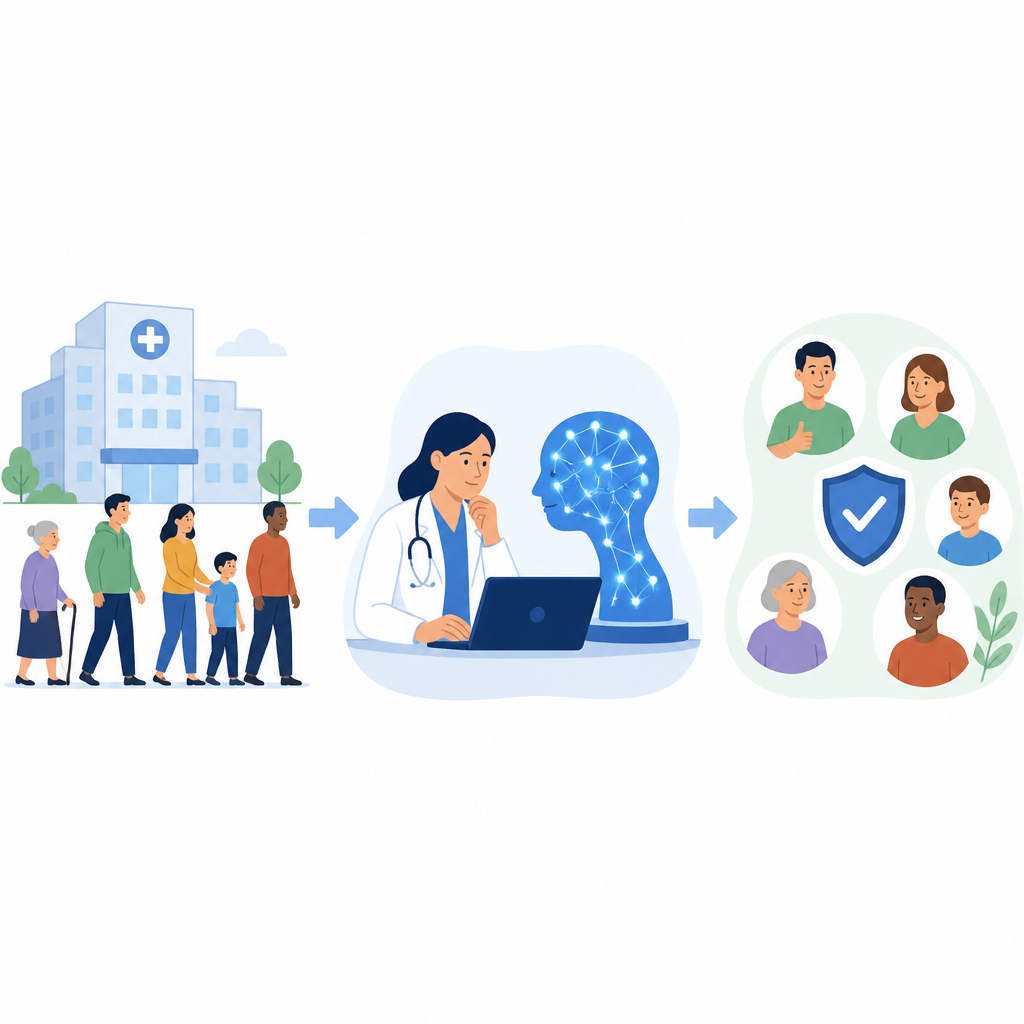 Figure 1. Een AI-partner werkt met artsen samen om patiënten van eerste symptomen naar duidelijkere diagnoses en uitkomsten te begeleiden.