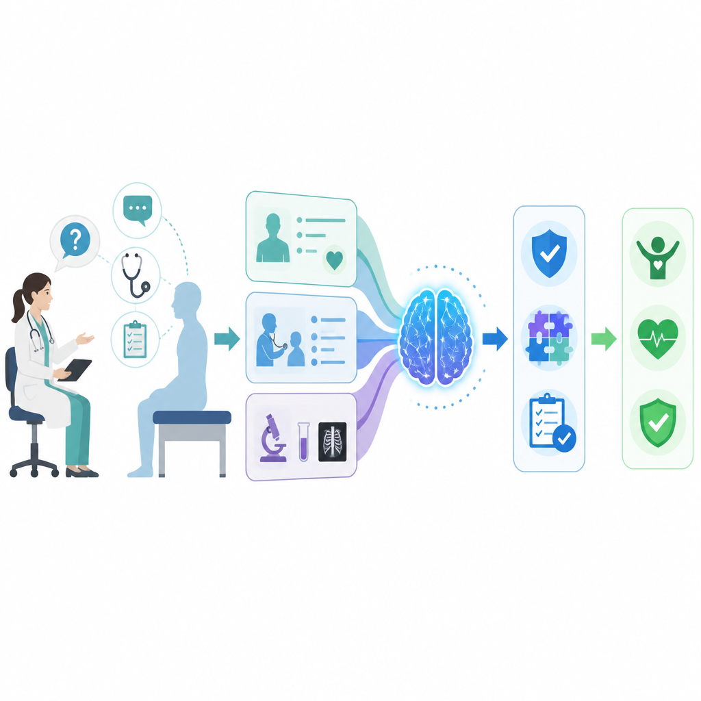 Figure 2. Een AI-systeem zet stapsgewijze vragen, onderzoeken en tests om in duidelijkere diagnostische beslissingen en betere patiëntuitkomsten.