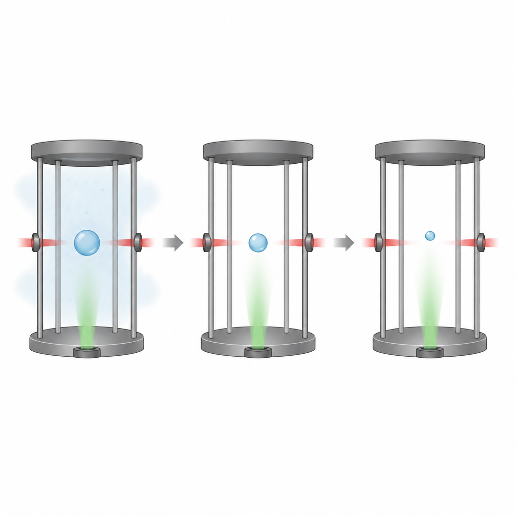 Figure 1. Wie ein winziger levitierter Tropfen reagiert, wenn er unsichtbares Infrarotlicht absorbiert und dabei etwas Wasser verliert.