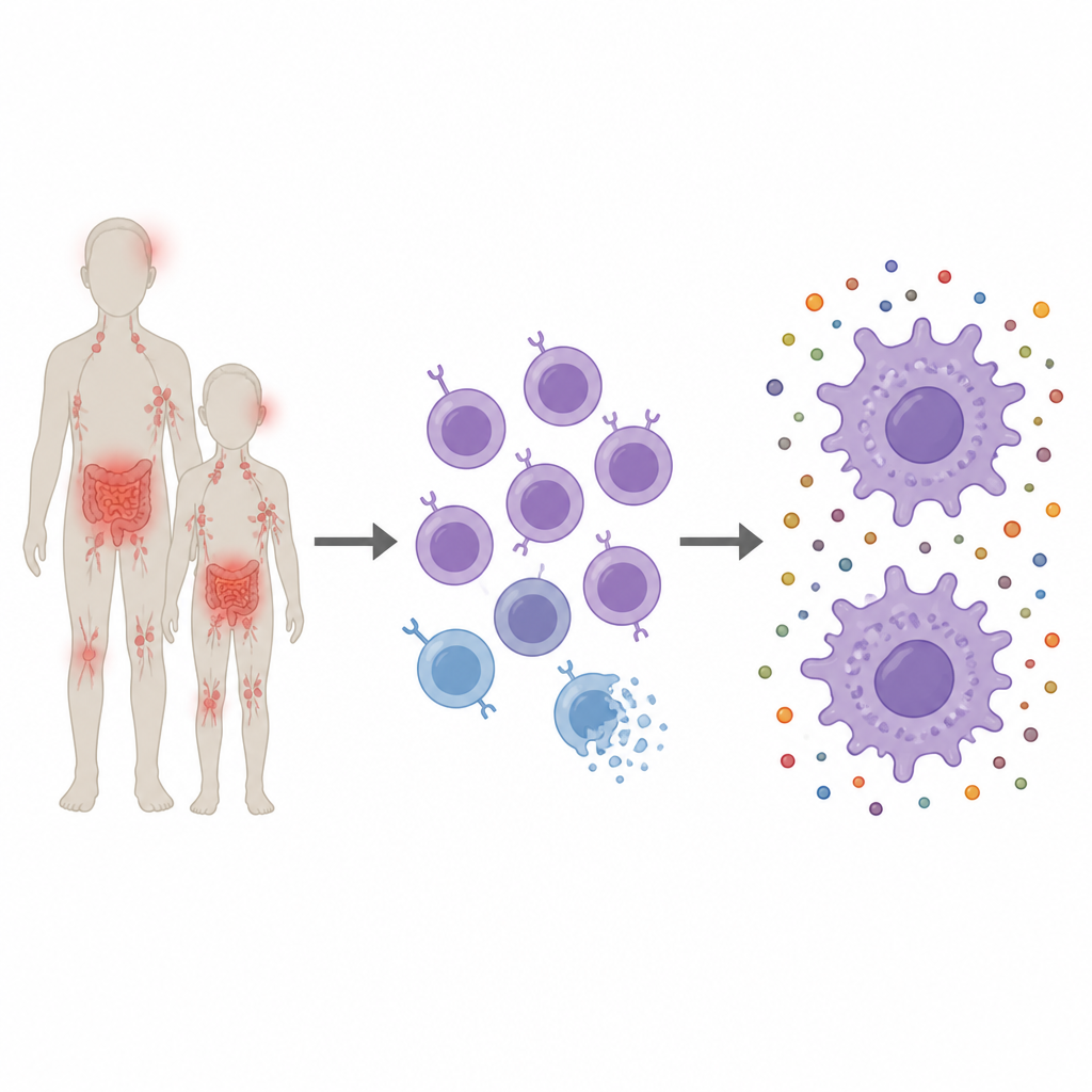 Figure 1. Las frágiles células T asesinas mueren y empujan a otras células inmunitarias a inundar el cuerpo con inflamación.