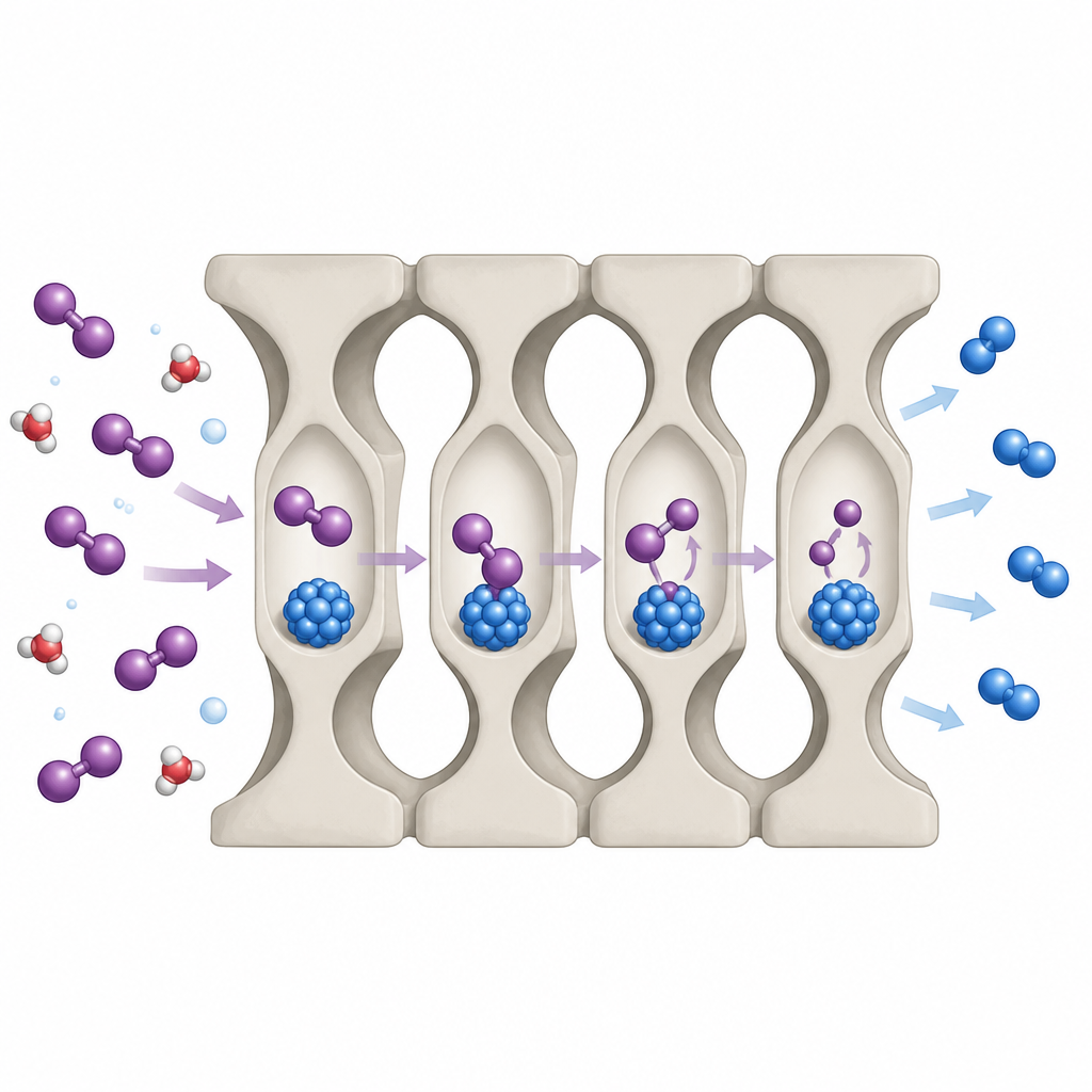 Figure 2. All’interno di piccolissimi pori, ozono e acqua incontrano particelle catalitiche che scindono progressivamente l’ozono in gas ossigeno innocuo.