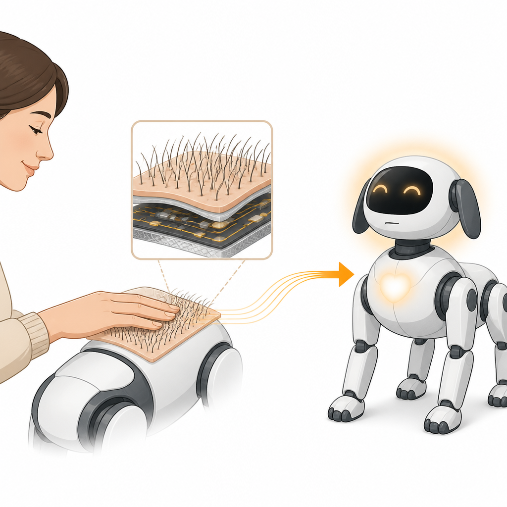 Figure 1. Comment une peau électronique douce et poilue permet aux robots de ressentir un toucher humain délicat et d’y répondre émotionnellement.