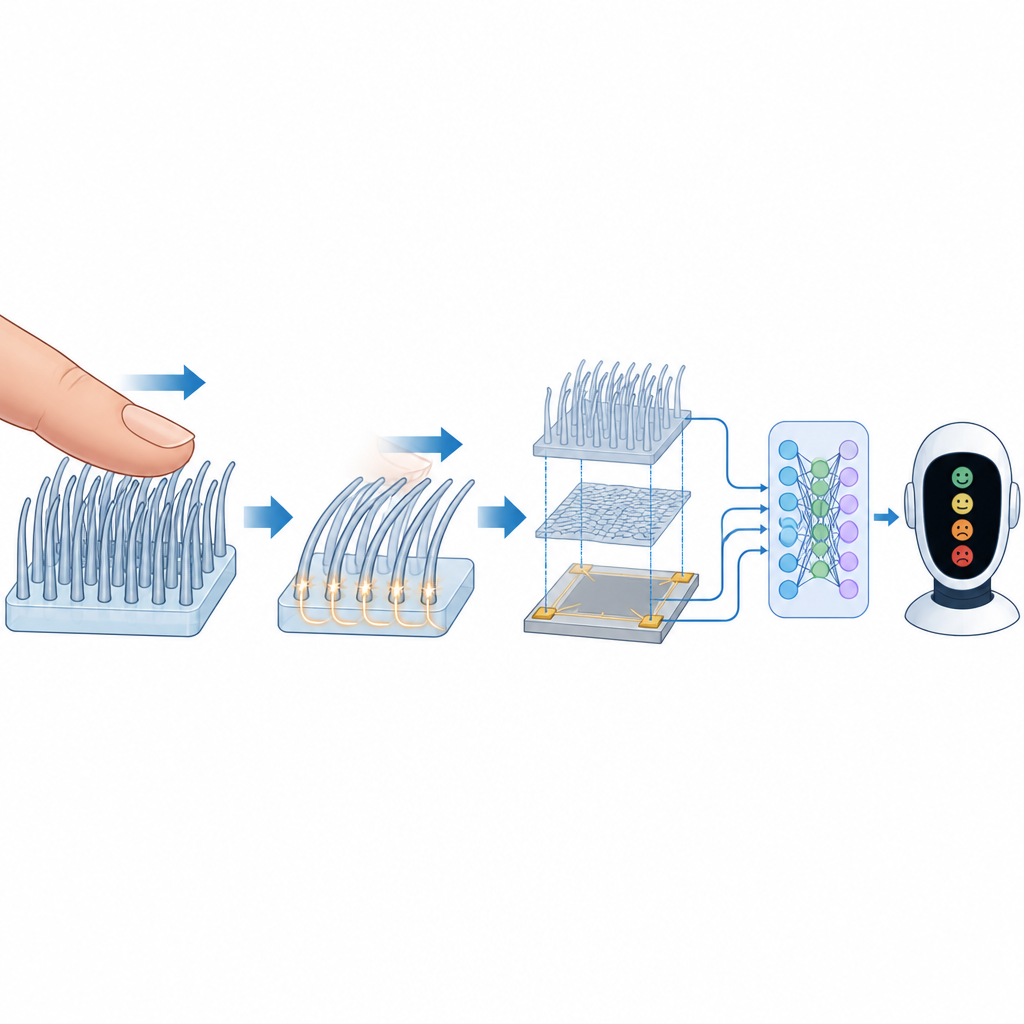 Figure 2. Comment le glissement d’un doigt sur des poils artificiels se transforme en impulsions électriques que l’IA utilise pour lire l’émotion du toucher.