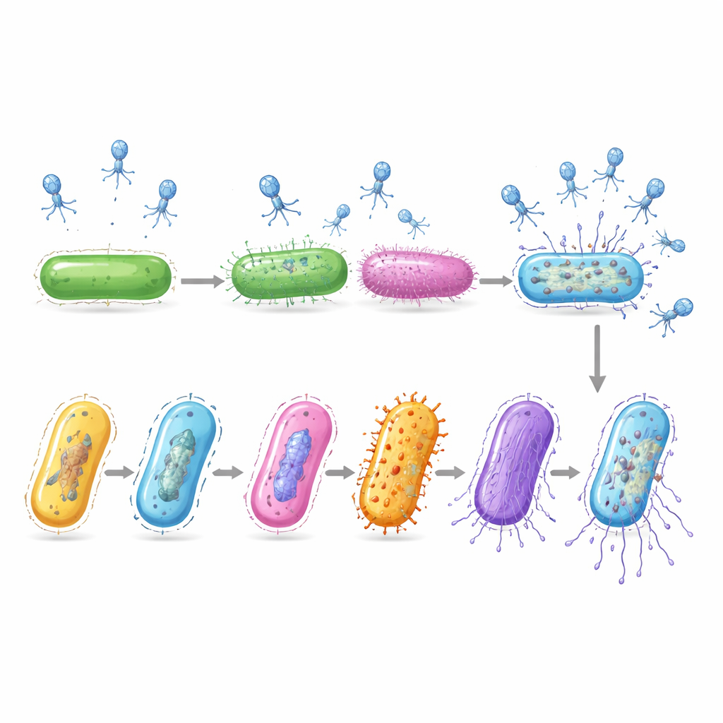 Figure 2. Step by step view of a virus infecting some gut bacteria while others avoid infection using different surface coats and fibers.
